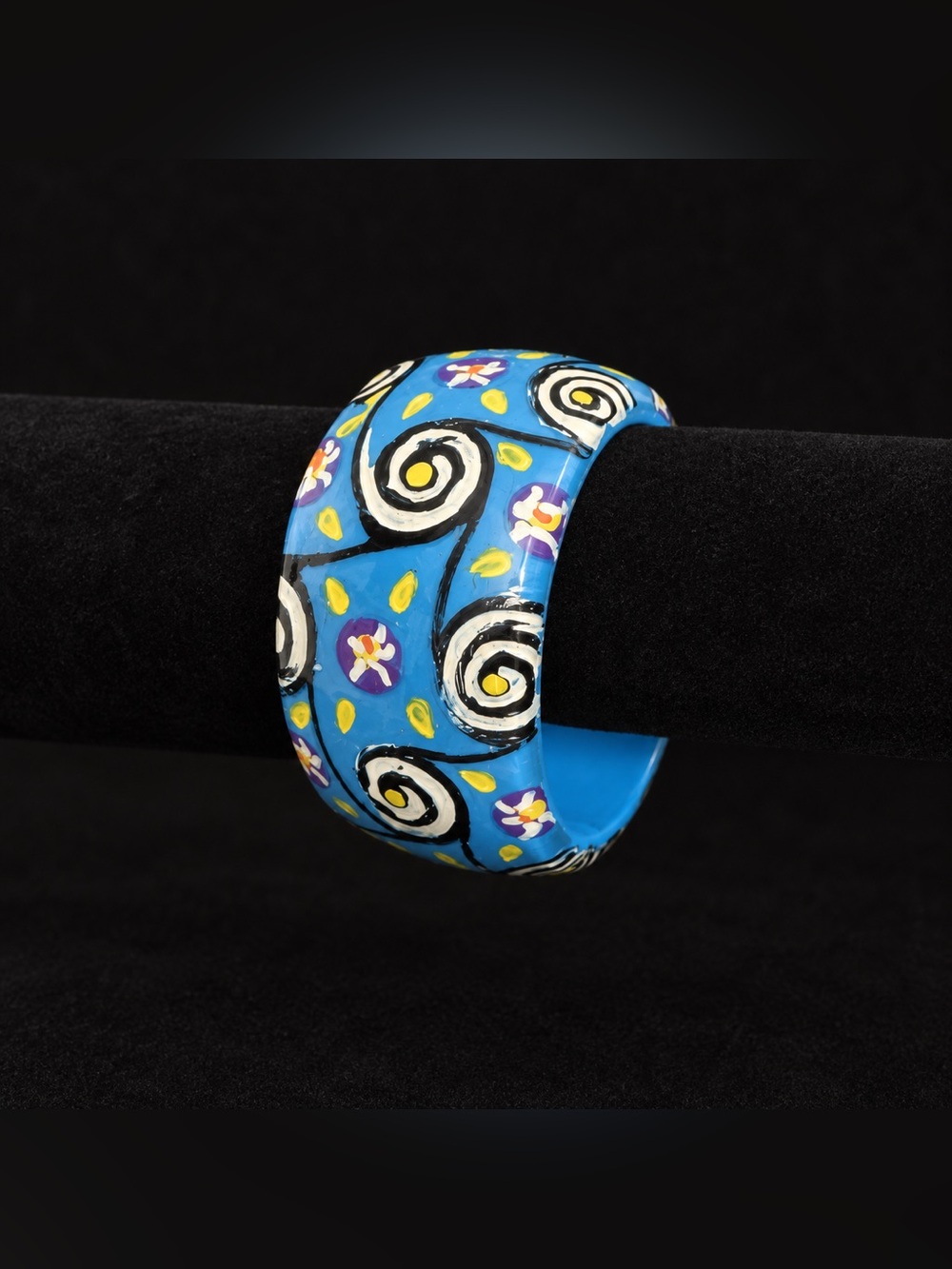 Blue Hand-Painted Acrylic Floral Bangle Bracelet